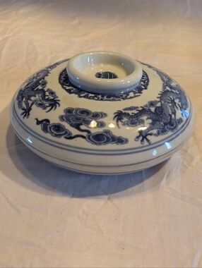 2/80$ Vintage Blue and White Porcelain Lidded Dish With Japanese Dragon